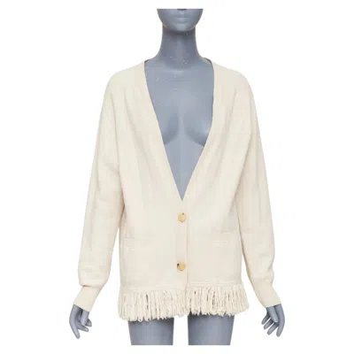 Pre-owned Dries Van Noten Oversized Fringe Trim Woolen Button Front Cardigan Sweater L In Gray