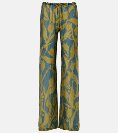 Dries Van Noten Pachas Printed Silk Straight Pants In Green