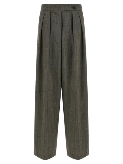 Dries Van Noten Wide Gray Wool Palazzo Pants In Black