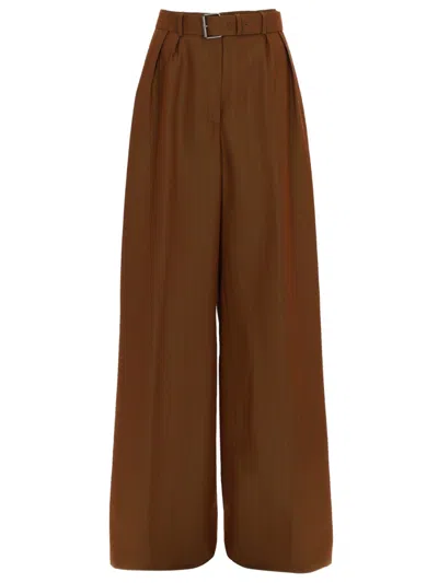 Dries Van Noten Neutral Wide-leg Belted Wool-blend Formal Pants In Brown