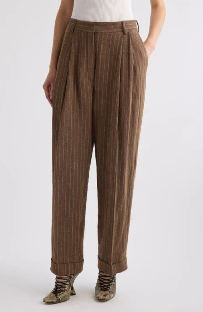 Dries Van Noten Pleated Striped Linen-blend Straight-leg Pants In Brown