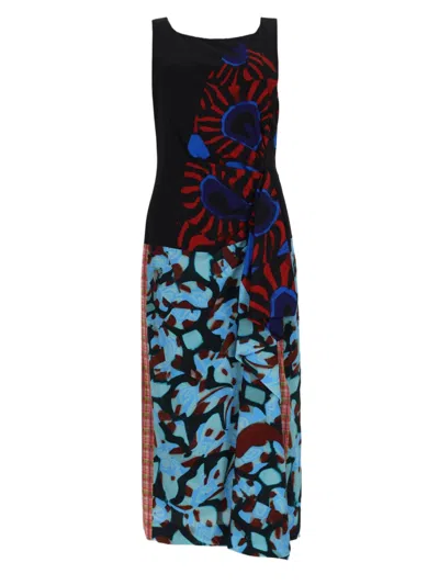 Dries Van Noten Patchwork Midi Dress With Contrasting Patterns And Fitted Silhouette In Black