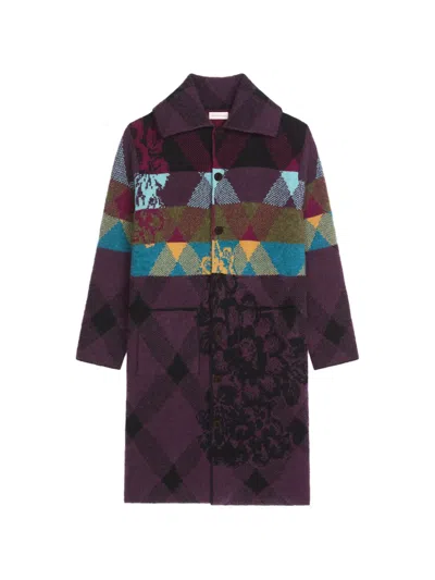 Dries Van Noten Wool Alpaca Oversized Floral Patchwork Cardigan In Purple
