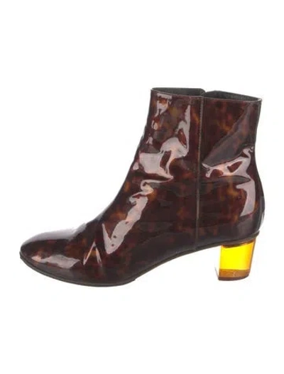 Pre-owned Dries Van Noten Patent Leather Animal Print Boots In Brown