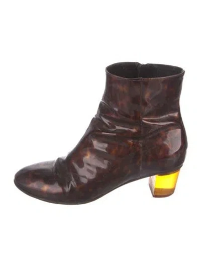Pre-owned Dries Van Noten Patent Leather Animal Print Boots In Brown