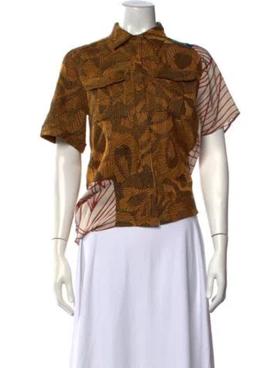Pre-owned Dries Van Noten Patterned Short Sleeve Button-up Top In Brown