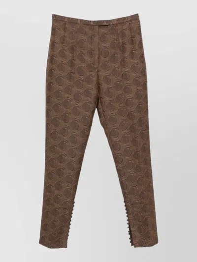 Dries Van Noten Patterned Trousers Elastic Waistband Side Slit In Brown