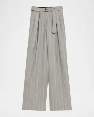 Dries Van Noten Peaches Belted Pinstripe Wide-leg Pants In Gray