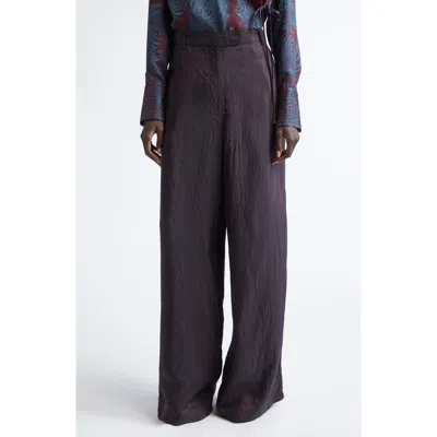 Dries Van Noten Peen Crinkled Stripe Cupro Wide Leg Pants In Burgundy