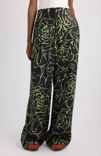 Dries Van Noten Pila Giant Couture Rose Print Pleated Wide Leg Twill Pants In Green