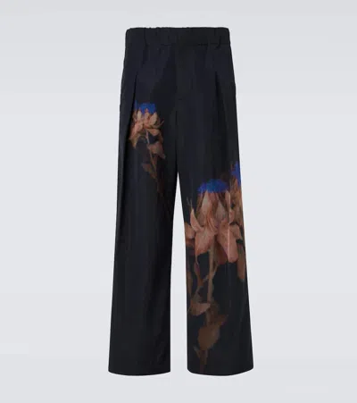 Dries Van Noten Pilan Floral Wool-blend Taffeta Wide-leg Pants In Black
