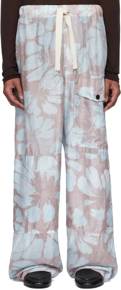 Dries Van Noten Pink & Blue Silk Drawstring Cargo Pants In Pale Blue 562