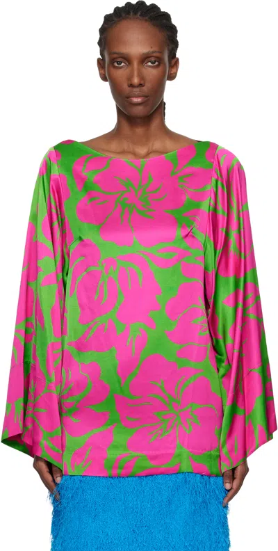 Dries Van Noten Pink & Green Satin Floral Print Blouse