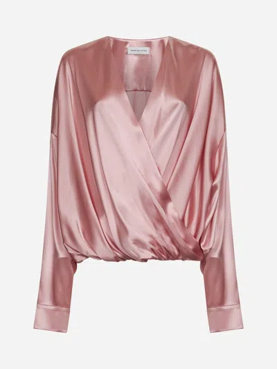 DRIES VAN NOTEN PINK STRETCH SILK DRAPED BLOUSE