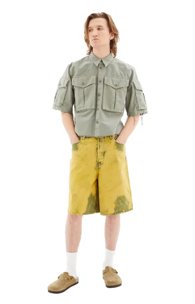 Dries Van Noten Green Garment-dyed Denim Shorts In Lime