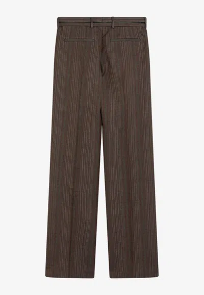Dries Van Noten Pinstripe Belted Wool Pants In Brown