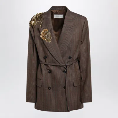 Dries Van Noten Pinstripe Jacket With Sequin Embroidery In Brown