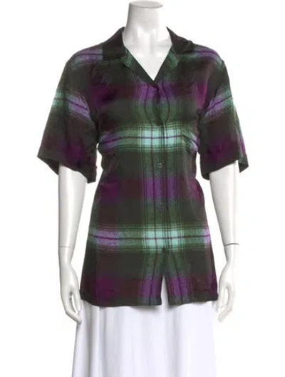 Pre-owned Dries Van Noten Plaid Print Short Sleeve Blouse In Green