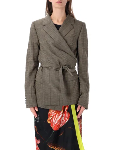 Dries Van Noten Plaid Wrap Blazer Jacket In White