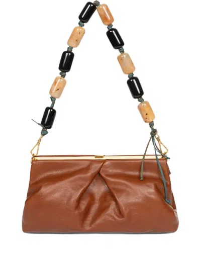 Dries Van Noten Pleated Beaded Leather Clutch Bag In Brown