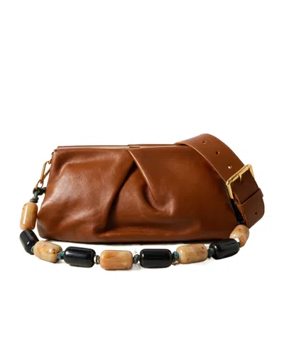 Dries Van Noten Pleated Beaded Leather Clutch Bag In Brown
