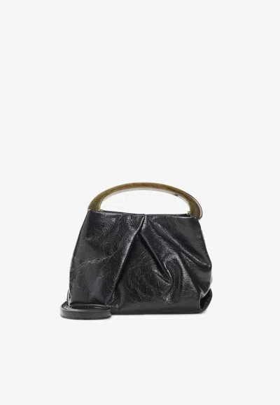 Dries Van Noten Pleated Leather Shoulder Bag In Black