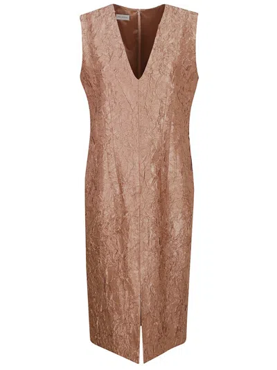 DRIES VAN NOTEN PLEATED VISCOSE AND COTTON BLEND MIDI DRESS
