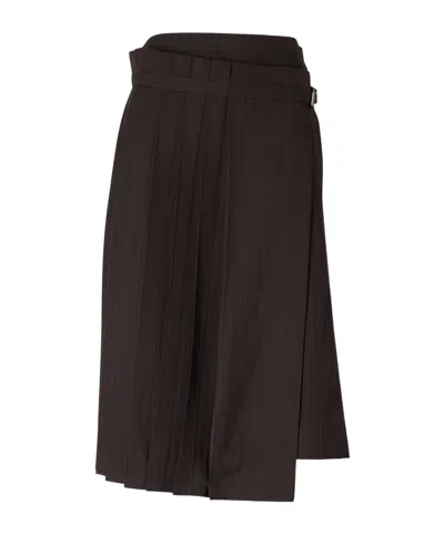 Dries Van Noten Striped Pleated Twill Knee-length Skirt In Brown
