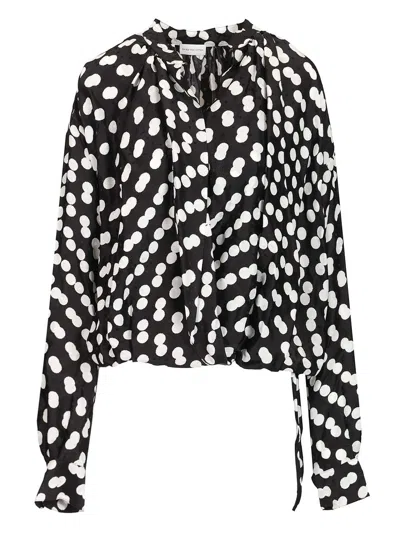 Dries Van Noten Polka Dot Jacquard Satin Draped Blouse Shirts Black