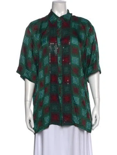 Pre-owned Dries Van Noten Polka Dot Print Short Sleeve Blouse In Green