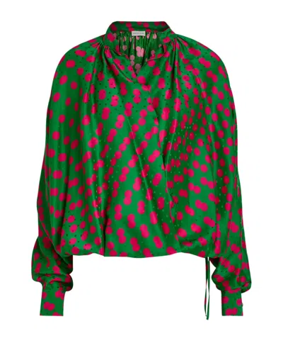 Dries Van Noten Polka Dot Satin Wrap Blouse In Green