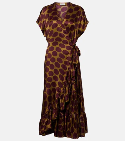 Dries Van Noten Polka-dot Satin Wrap Dress In Brown