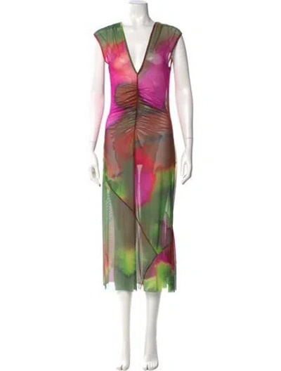 Pre-owned Dries Van Noten Printed Long Dress In Green