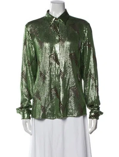 Pre-owned Dries Van Noten Printed Long Sleeve Button-up Top In Green