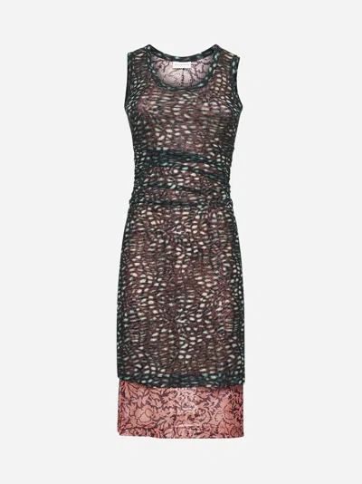 DRIES VAN NOTEN PRINTED MESH LAYERED MIDI DRESS