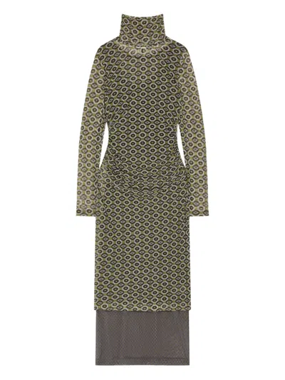 Dries Van Noten Layered Printed Stretch-mesh Turtleneck Midi Dress In Brown