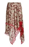 Dries Van Noten Shake Printed Lace-trim Handkerchief Silk Skirt In Burgundy