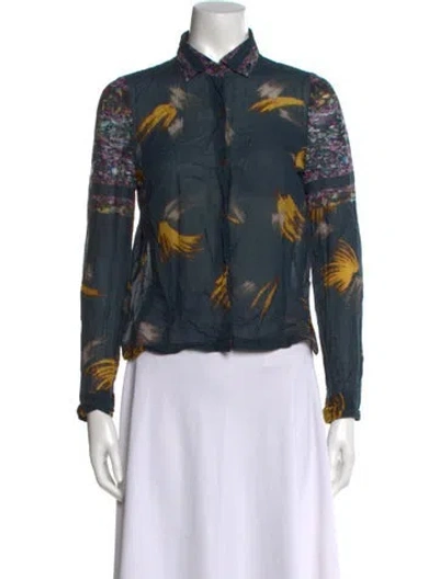 Pre-owned Dries Van Noten Printed Mock Neck Blouse In Blue