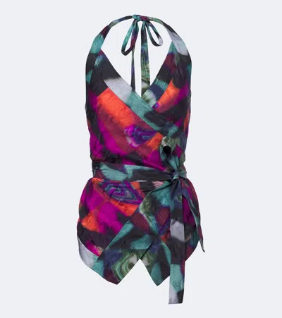 Dries Van Noten Printed Moiré Wrap Top In Purple