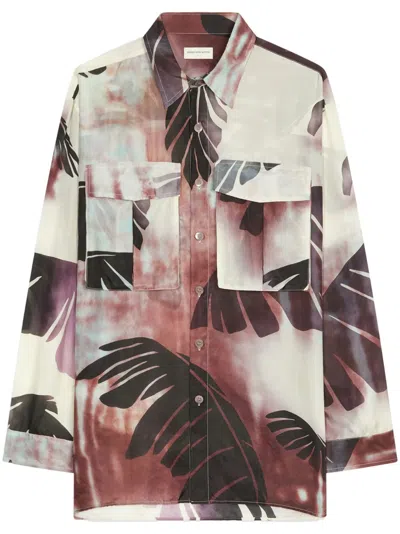 Dries Van Noten Printed Oversized Silk Shirt In Nude