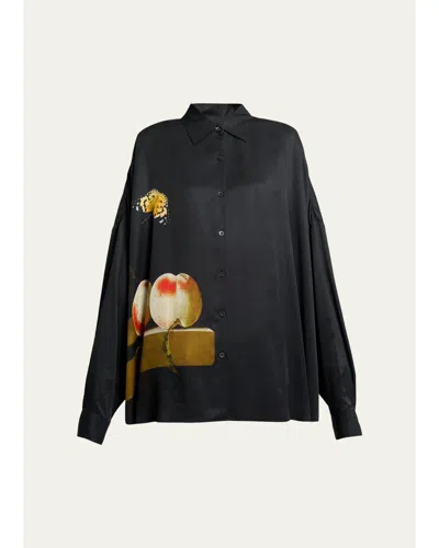 Dries Van Noten Printed Satin Oversized Button-front Shirt In Black