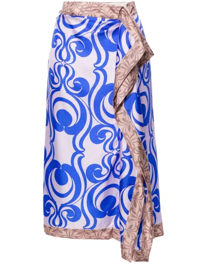 Dries Van Noten Printed Silk Midi Skirt In Blue