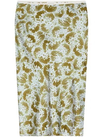 Dries Van Noten Printed Silk Midi Skirt In Green