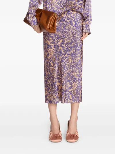 Dries Van Noten Printed Silk Midi Skirt In Purple