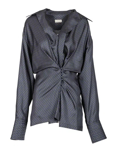 Dries Van Noten Printed Silk Twill Shirt With Wrap Detail Shirts Blue