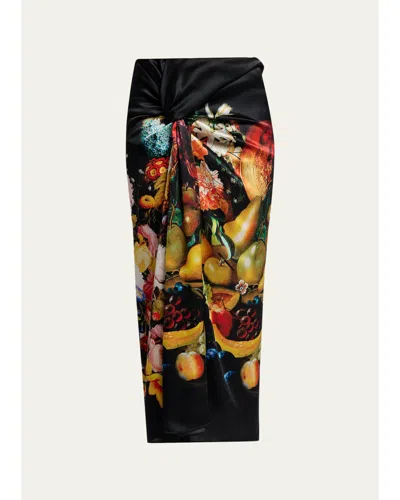 Dries Van Noten Printed Silk Twist-front Maxi Skirt In Black