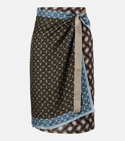 Dries Van Noten Printed Silk Wrap Skirt In Brown