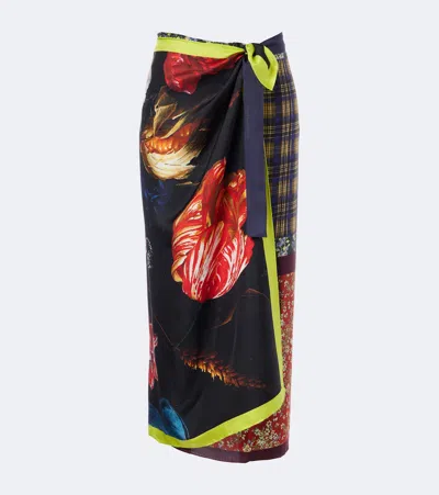 Dries Van Noten Printed Silk Wrap Skirt In Black