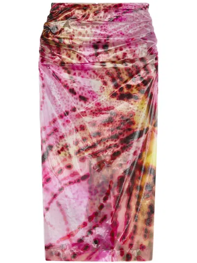 Dries Van Noten Womens Fuchsia Flower-print Ruched Woven-blend Midi Skirt