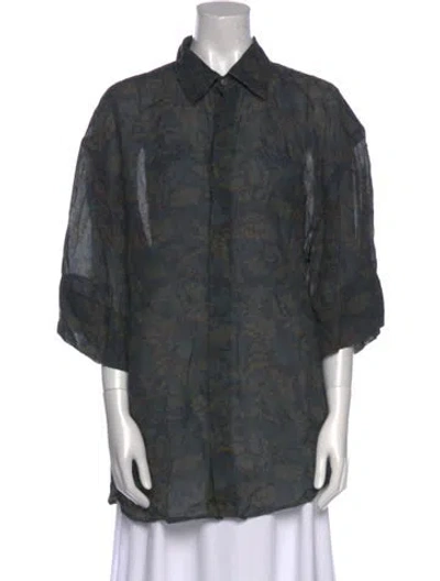 Pre-owned Dries Van Noten Printed Three-quarter Sleeve Button-up Top In Gray